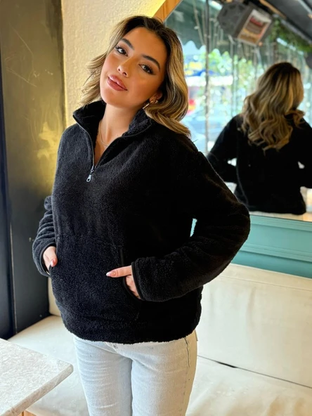 Kadın Uzun Kollu önden Fermuarlı Cepli Peluş Sweat - Resim 4
