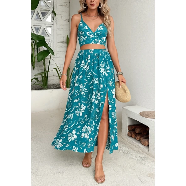 Lucky Life Kadın Ince Askılı çiçek Baskı Desenli Crop Yırtmaçlı Etek Ikili Süprem Takım