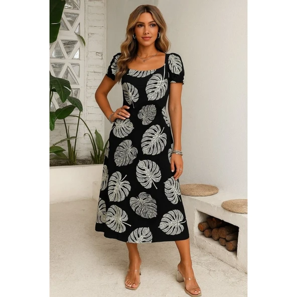 Lucky Life Kadın Kısa Kollu Geometrik Yaka Yırtmaçlı Puantiyeli Midi örme Krep Elbise