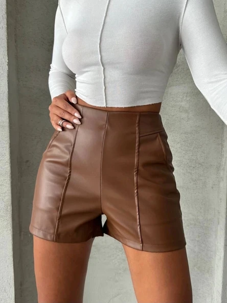 Parçalı cepli deri şort taba w26312 - Resim 6