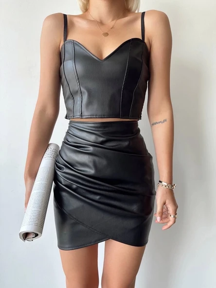 Drapeli deri etek siyah w26771 - 4