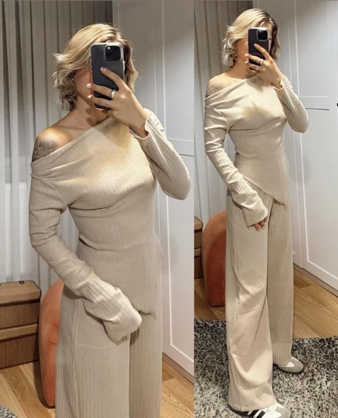 Kadın Uzun Kollu Omuzlardan Açık Asimetrik Kesim Kaşkorse Bluz Ve Pantolon Ikili Pantolon ürün görseli