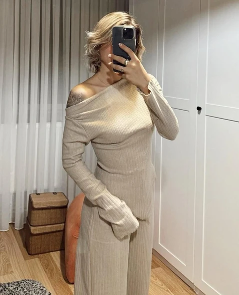 Kadın Uzun Kollu Omuzlardan Açık Asimetrik Kesim Kaşkorse Bluz Ve Pantolon Ikili Pantolon - Resim 8