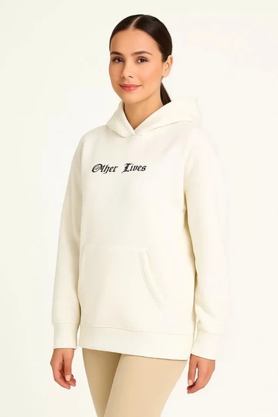 Kadın Üç İplik Kapşonlu ön ve Arka Baskılı SweatShirt hoodie- Beyaz - Resim 2