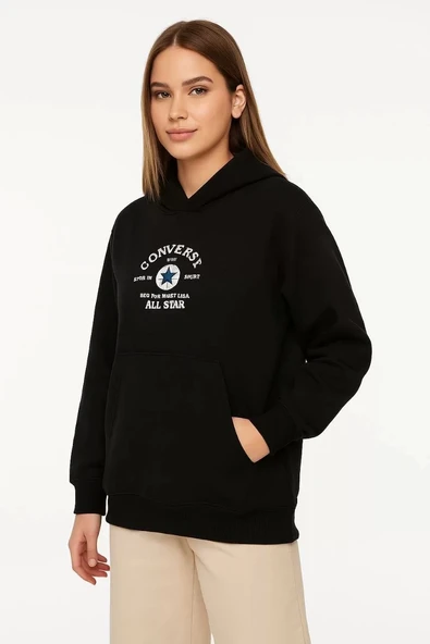 Üç İplik Kapşonlu ön ve Arka Baskılı SweatShirt hoodie- Siyah ürün görseli