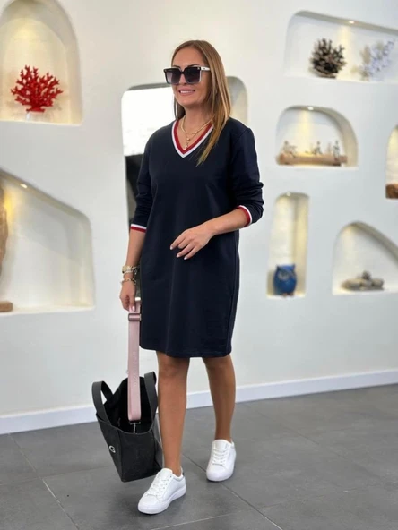 Kadın Uzun Kollu V Yaka Kol Ağzı Ve Yaka Ribana Detaylı Iki Iplik Mini Boy Elbise ürün görseli