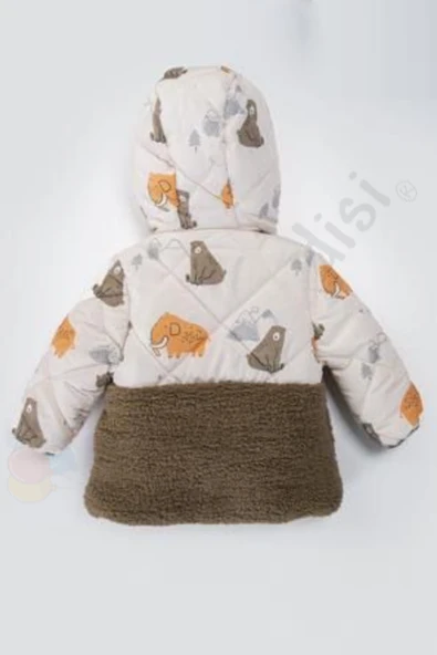 Ayılı İçi Peluş Kürklü Cepli Fermuarlı Kalın Kapüşonlu Şişme Kar Kışlık Erkek Bebek Mont Çocuk Kaban - 2
