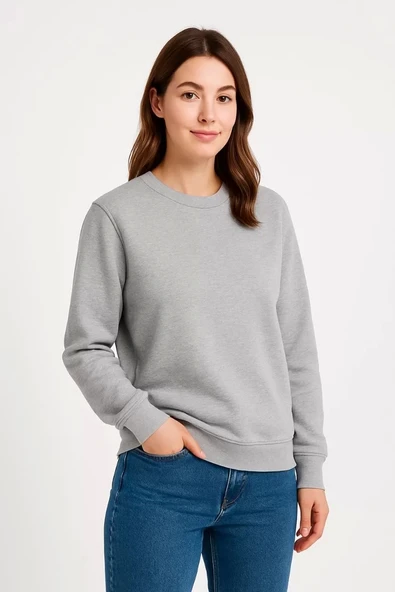 Kadın Üç İplik Düz Bisiklet Yaka SweatShirt - Gri ürün görseli 1