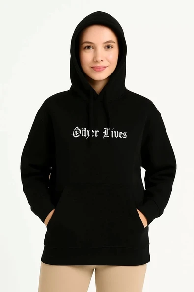 Kadın Üç İplik Kapşonlu ön ve Arka Baskılı SweatShirt hoodie- Siyah ürün görseli