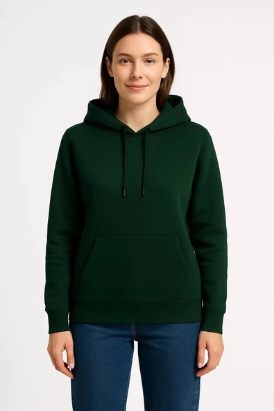 Kadın Üç İplik Kapüşonlu Kanguru Çepli SweatShirt hoodie - Haki - 3