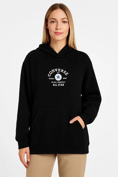 Üç İplik Kapşonlu ön ve Arka Baskılı SweatShirt hoodie- Siyah - Resim 2