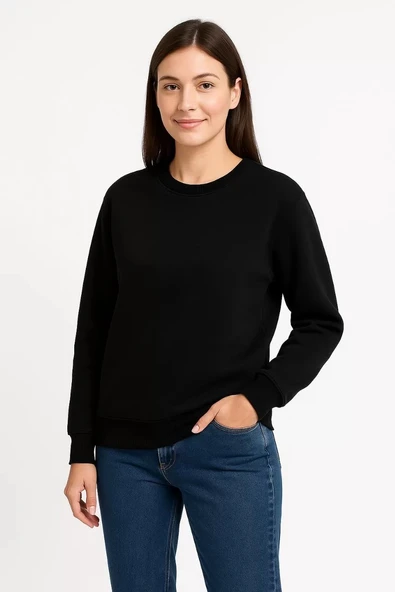 Kadın Üç İplik Düz Bisiklet Yaka SweatShirt  - Siyah ürün görseli 1