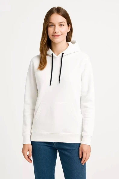 Kadın Üç İplik Kapüşonlu Kanguru Çepli SweatShirt hoodie - Beyaz - Resim 5