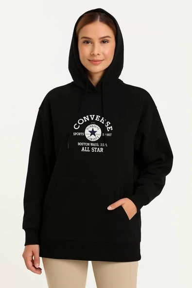 Üç İplik Kapşonlu ön ve Arka Baskılı SweatShirt hoodie- Siyah - Resim 4