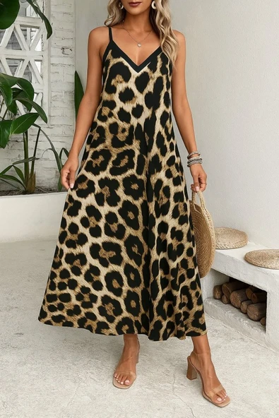 Lucky Life Kadın Ip Askılı Geniş V Yakalı Leopar Desenli Süprem Elbise - Resim 2