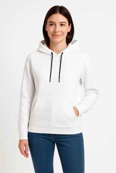 Kadın Üç İplik Kapüşonlu Kanguru Çepli SweatShirt hoodie - Beyaz ürün görseli