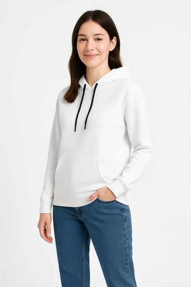 Kadın Üç İplik Kapüşonlu Kanguru Çepli SweatShirt hoodie - Beyaz - Resim 3