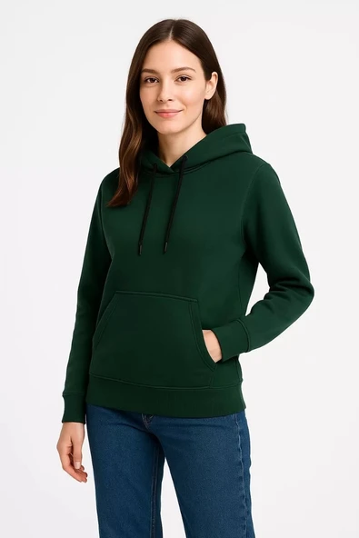 Kadın Üç İplik Kapüşonlu Kanguru Çepli SweatShirt hoodie - Haki