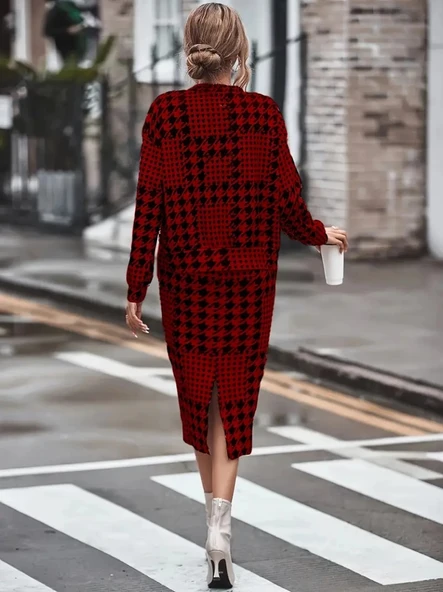 Kadın Uzun Kollu Bisiklet Yaka şardonlu Dalgıç Bluz Ve Yırtmaçlı Midi Etek Takım - Resim 4