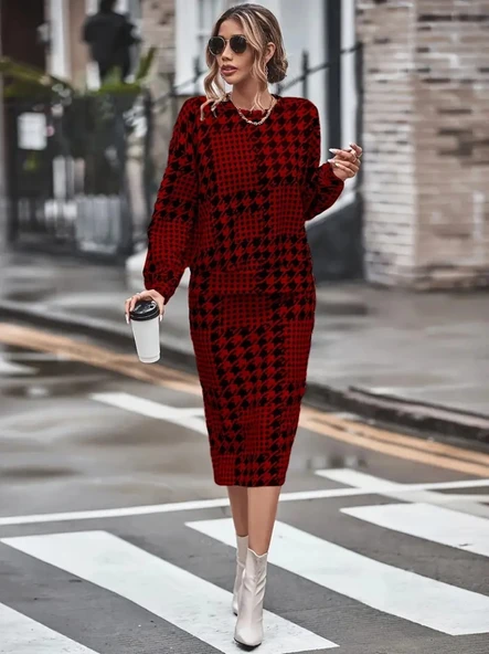 Kadın Uzun Kollu Bisiklet Yaka şardonlu Dalgıç Bluz Ve Yırtmaçlı Midi Etek Takım - Resim 2