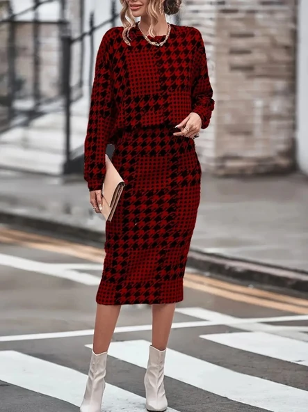 Kadın Uzun Kollu Bisiklet Yaka şardonlu Dalgıç Bluz Ve Yırtmaçlı Midi Etek Takım ürün görseli