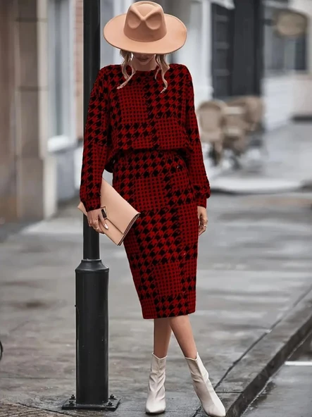 Kadın Uzun Kollu Bisiklet Yaka şardonlu Dalgıç Bluz Ve Yırtmaçlı Midi Etek Takım - Resim 5