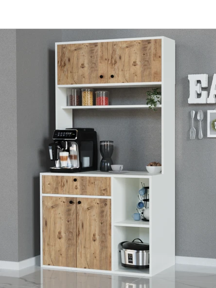 Alfimo Mobilya LUWAK KAHVE KÖŞESİ ÇEKMECELİ ÇOK AMAÇLI MUTFAK DOLABI BEYAZ&CEVİZ
