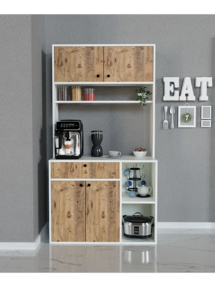 Alfimo Mobilya LUWAK KAHVE KÖŞESİ ÇEKMECELİ ÇOK AMAÇLI MUTFAK DOLABI BEYAZ&CEVİZ - 2