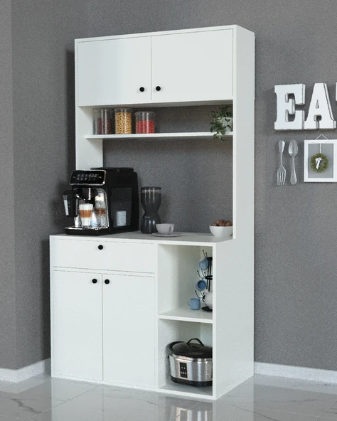 Alfimo Mobilya LUWAK KAHVE KÖŞESİ ÇEKMECELİ ÇOK AMAÇLI MUTFAK DOLABI BEYAZ