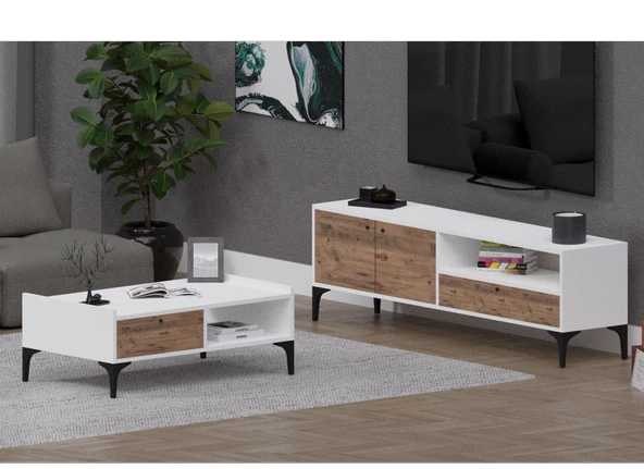 Alfimo Mobilya NOVA&ODION ORTA SEHPA VE TV ÜNİTESİ CEVİZ&BEYAZ