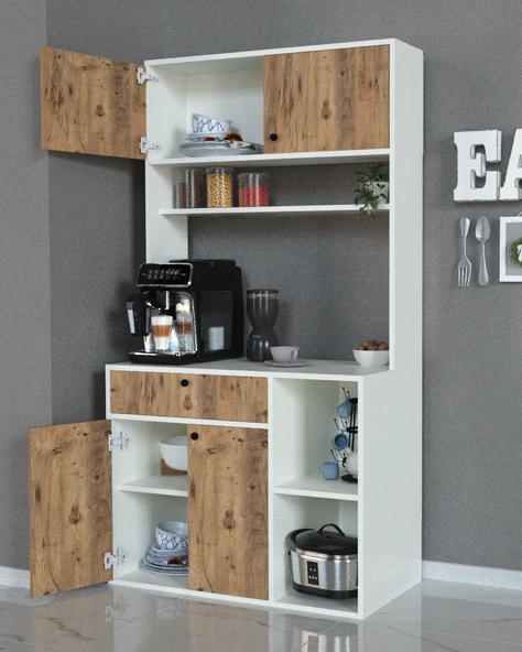 Alfimo Mobilya LUWAK KAHVE KÖŞESİ ÇEKMECELİ ÇOK AMAÇLI MUTFAK DOLABI BEYAZ&CEVİZ - 3