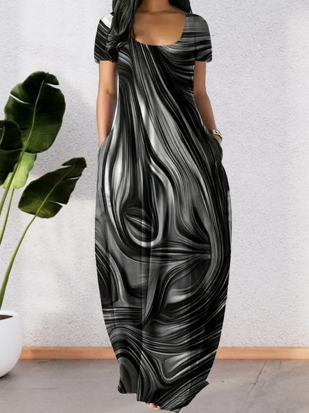 Kadın Kısa Kollu Yuvarlak Yaka Cepli Salaş Baskılı Süprem Elbise ürün görseli