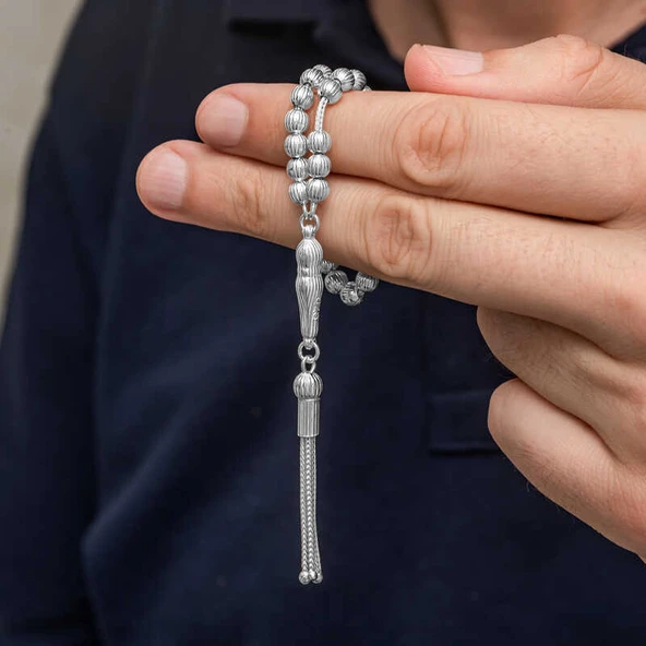 Gümüş Çizgili Yuvarlak Erkek Tesbih - Resim 2