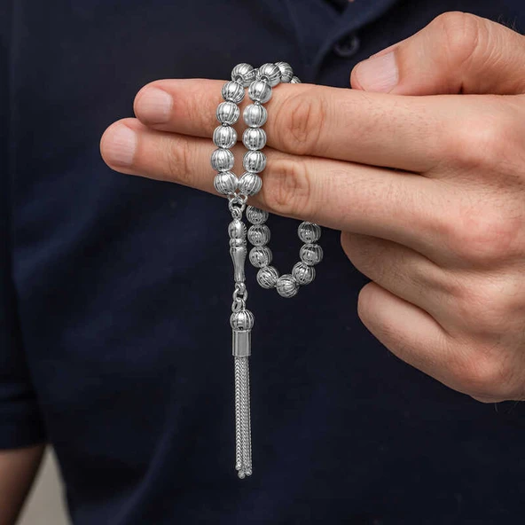 Gümüş Yuvarlak Çizgili Erkek Tesbih - Resim 2