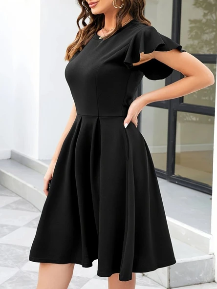 Kadın Kelebek Kollu Bisiklet Yakalı Pileli Ithal Krep Elbise - Resim 3