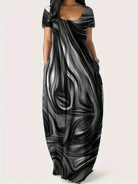 Kadın Kısa Kollu Yuvarlak Yaka Cepli Salaş Baskılı Süprem Elbise - Resim 2