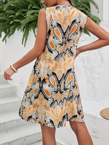 Kadın Sıfır Kol Yuvarlak Yaka çiçek Desenli Süprem Elbise - Resim 3