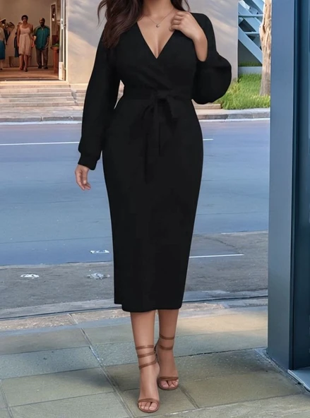 Kadın Uzun Kollu Kruvaze Yaka Belden Kuşaklı Midi Ithal Krep Elbise ürün görseli