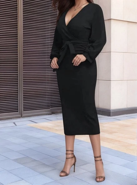 Kadın Uzun Kollu Kruvaze Yaka Belden Kuşaklı Midi Ithal Krep Elbise - Resim 2