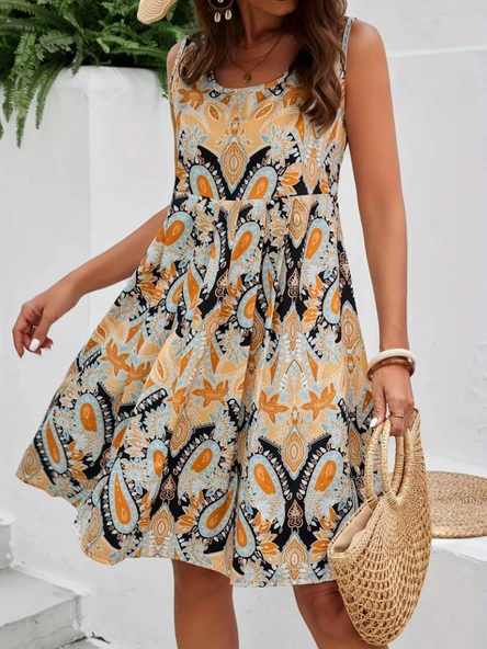 Kadın Sıfır Kol Yuvarlak Yaka çiçek Desenli Süprem Elbise - Resim 5