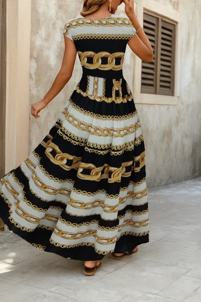 Kadın Kısa Kollu Kruvaze Yaka Beli Lastikli Süprem Maksi Boy Elbise - Resim 2