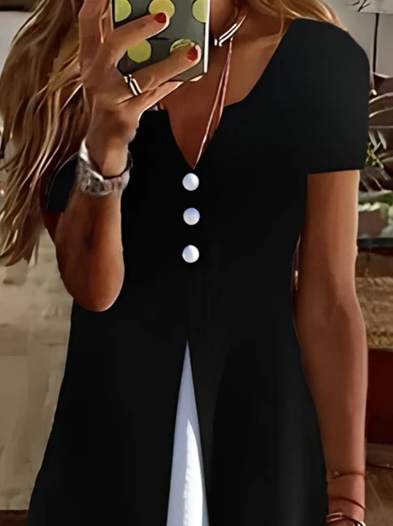 Kadın Kısa Kollu V Yakalı önden Düğmeli çift Renkli Viskon Elbise - Resim 2