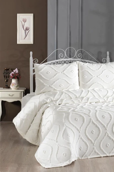 Çeyiz Diyarı Pirot 3 Parça Çift Kişilik Pike Takımı Krem ürün görseli