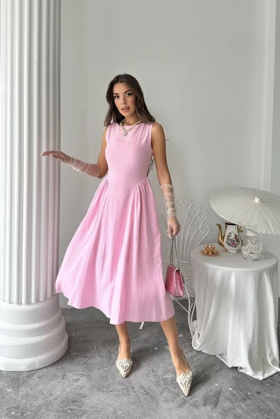 Pembe Yanları Büzgülü Midi Boy Keten Elbise - Resim 2