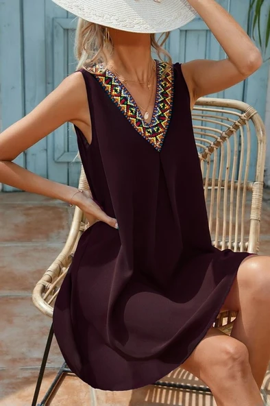 Kadın Sıfır Kol şerit Detaylı V Yaka Viskon Elbise ürün görseli