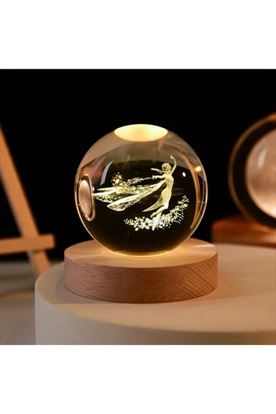 ALMİNA Peri Kızı Elsa Tasarımlı Ahşap Altlıklı Işıklı Büyük Boy Cam Küre