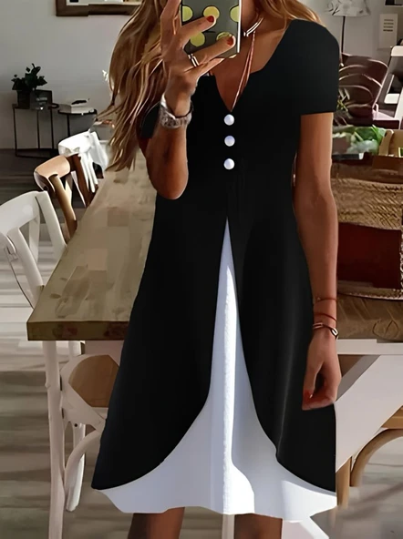 Kadın Kısa Kollu V Yakalı önden Düğmeli çift Renkli Viskon Elbise ürün görseli