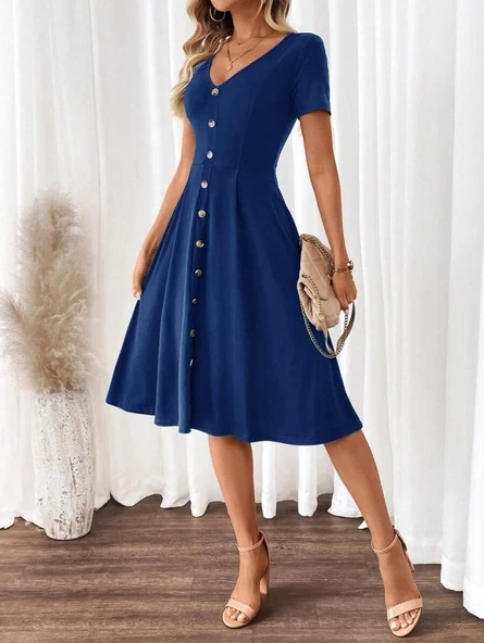 Kadın Kısa Kollu V Yakalı önden Düğmeli A Kesim Dokuma Elbise - Resim 5