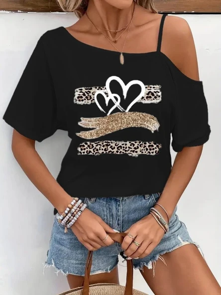 Kadın Tek Omuzu Açık Ip Askılı Baskılı Viskon Bluz ürün görseli