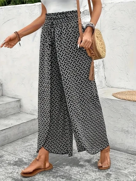 Kadın Yüksek Bel Lastikli önden Iki Parçalı Desenli Bürümcük Pantolon - Resim 3